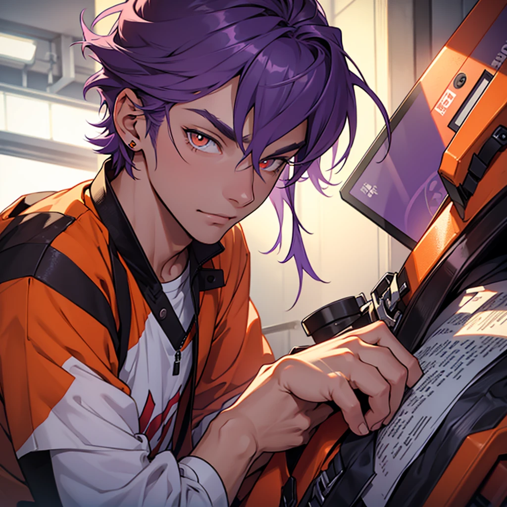 a young man alone, 23 years old with medium purple hair, orange eyes