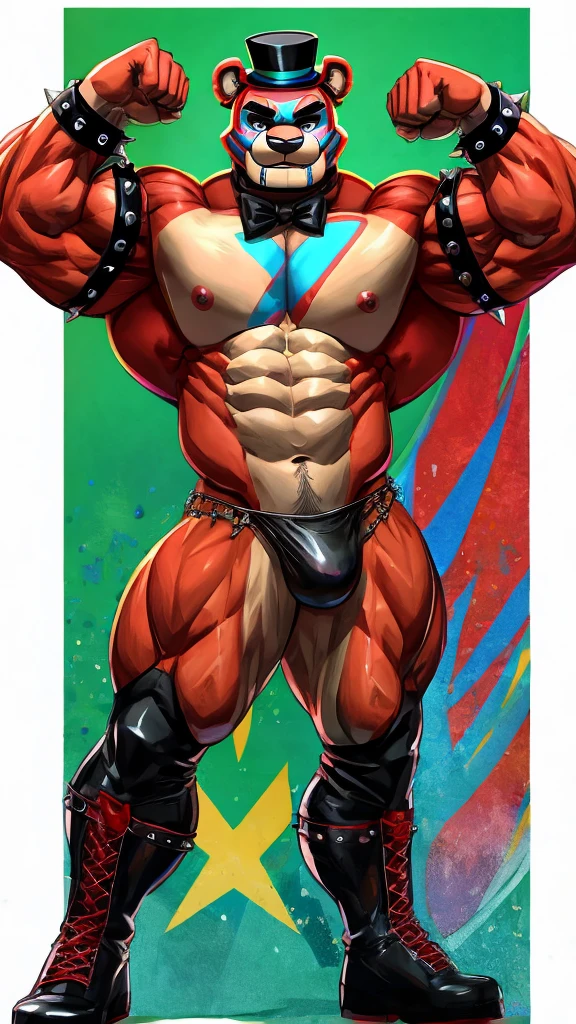 Glamrock overly muscular adult Freddy wearing a wet black thong flexing his muscles 