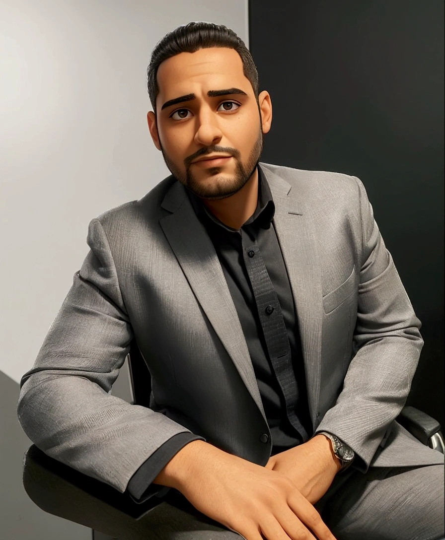 There's a man sitting on a chair wearing a suit, professional foto perfil, headshot foto perfil, professional foto, taken at the beginning of 2020, Mohammed Chahin, kyza saleem, profile image, Riyad Cassim, amazing professional foto, foto perfil, in a threatening pose, by Max Dauthendey, promo image