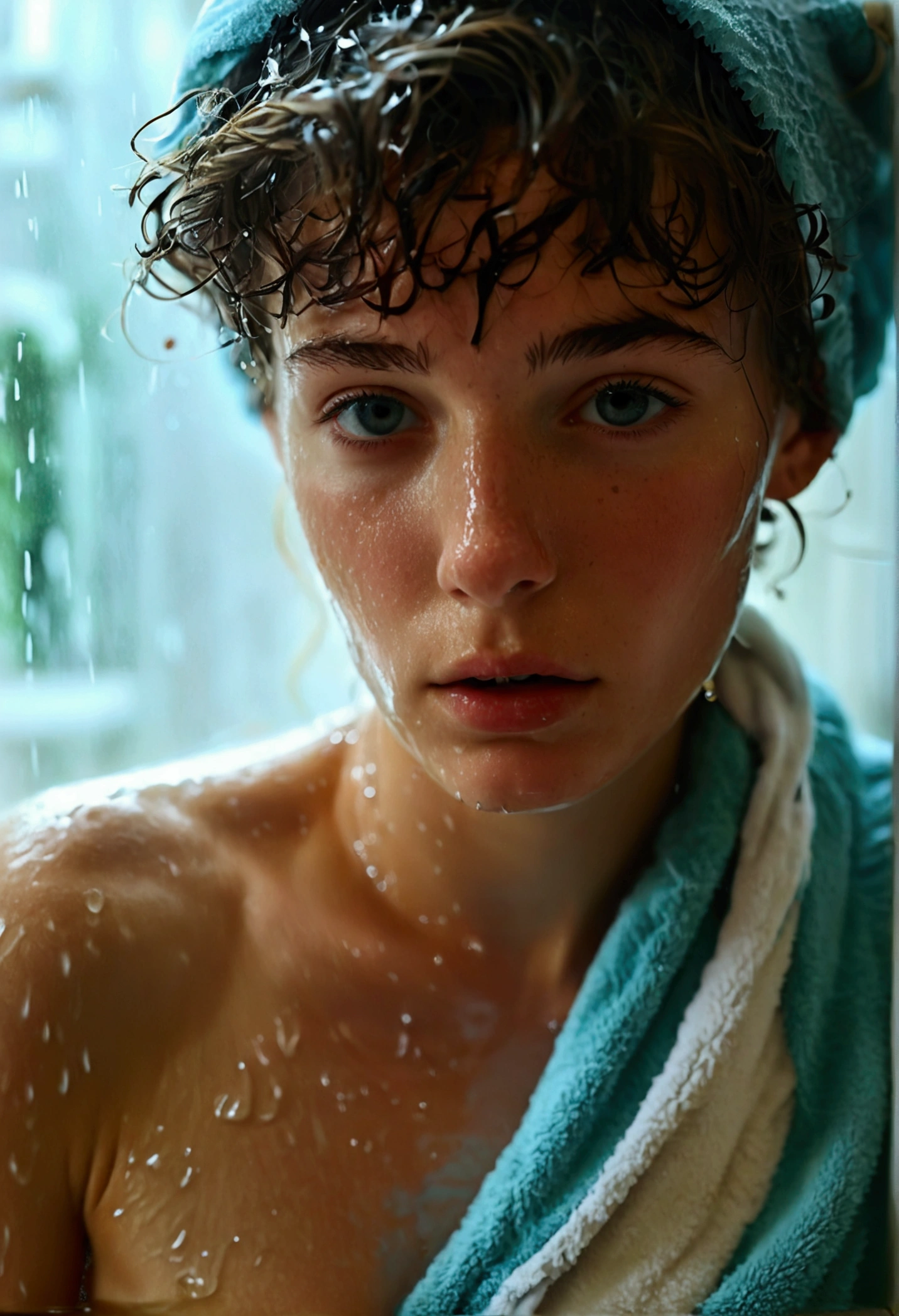 a wide distance shot front facing picture of 19 yo German coming out of the shower, soaking wet, wearing a towel, sexy, relaxed, curious expression, demure, submissive pose, in love with the viewer, she is feeling seductive