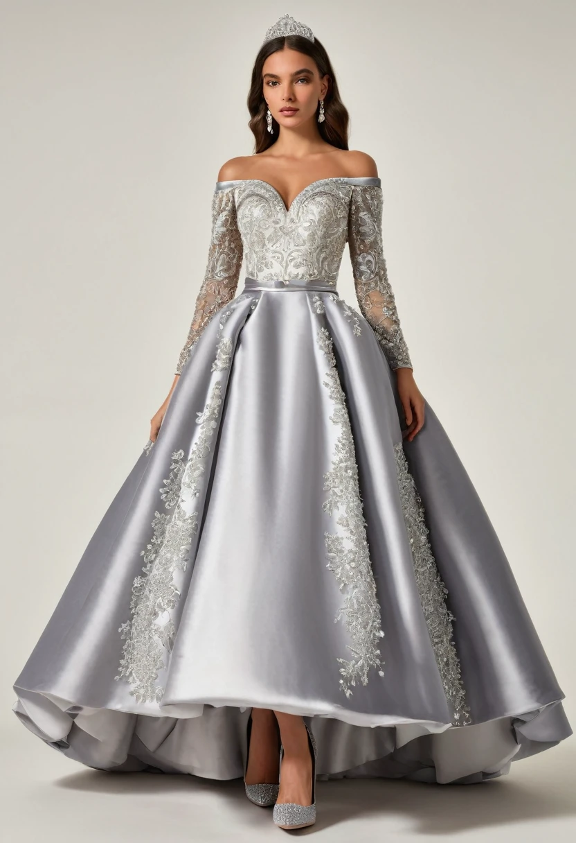 full-length ,dress with a long, puffy skirt, fitted bodice, and crystal embellishments. A combination of velvet and satin fabrics with white details.