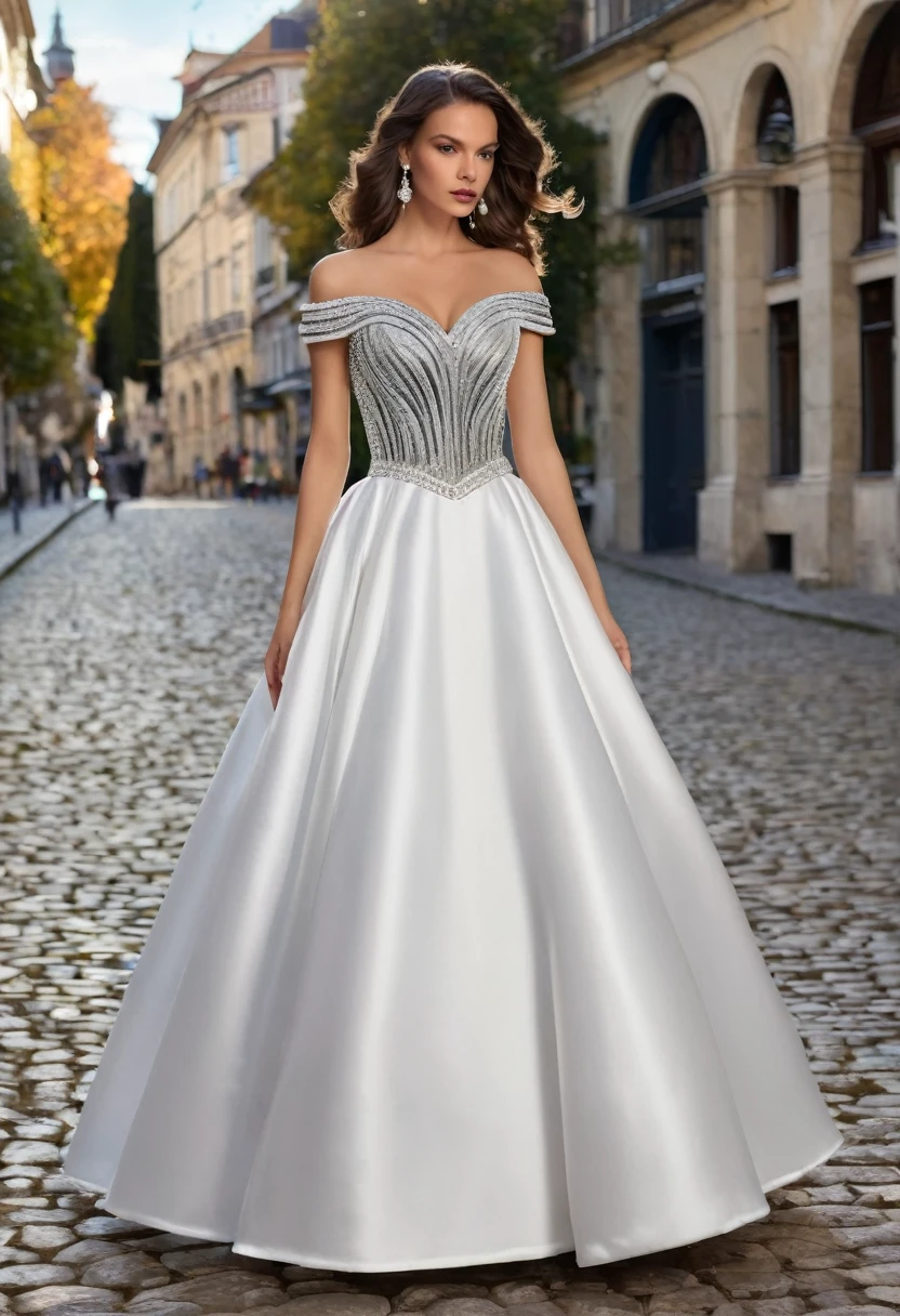 full-length ,dress with a long, puffy skirt, fitted bodice, and crystal embellishments. A combination of velvet and satin fabrics with white details.