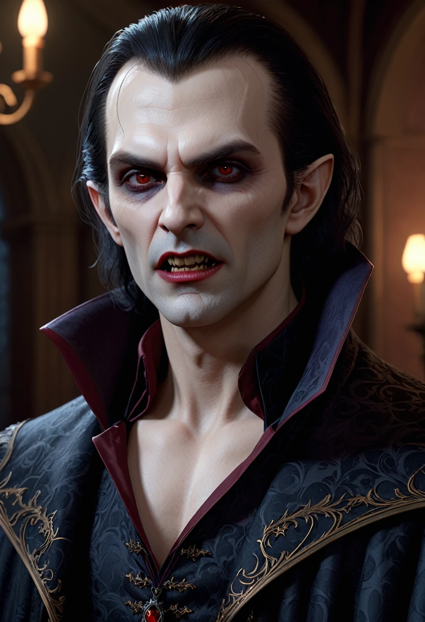 high quality 8k resolution, detailed and haunting, best quality, masterpiece, photorealistic, ultra-detailed, vampire, male, cunning