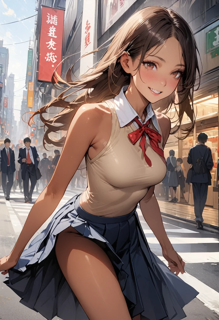 ((masterpiece,Highest quality:1.3,best quality illustration,realistic:1.4)),cowboy shot,独奏,1woman,(18-year-old、Japanese Beauty)、brown hair,long hair,(center parted bangs),brown eyes,gorgeous eyes,((very small head:1.3)),smile,,((very long body:1.2,skinny)),medium breasts,(tan skin:1.5),(School student uniform、Red ribbon tie、White collared shirt、Long sleeve navy blue pleated mini skirt),gleaming skin,toned body,slender body,on street,Shibuya Station、