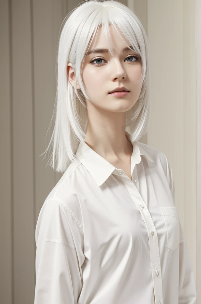 Anime with white hair and white skin wearing a cream-colored shirt