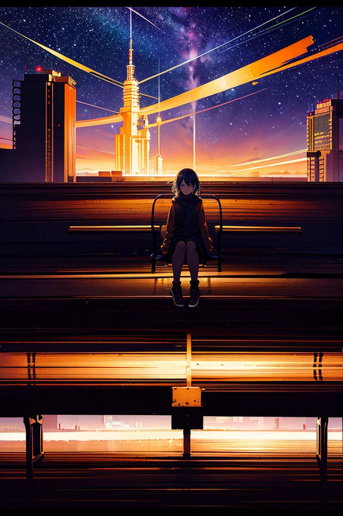 Octane, null, star (null), scenery, starry null, night, One girl, night null, alone, Outdoor, building, cloud, milky way, Sitting, wood, Long Hair, city, silhouette, cityscape