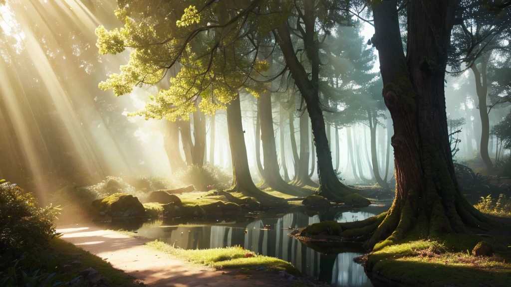 un bosque con arboles gigates, mucha vegetacion, neblina, luciernagas, lluvia, charcos de agua, ray tracing, god rays, glowing light, reflection light, Realism, Hyperrealism, Nikon, Canon, 16k, highres, best quality, award winning, high quality, super detail, high details, masterpiece