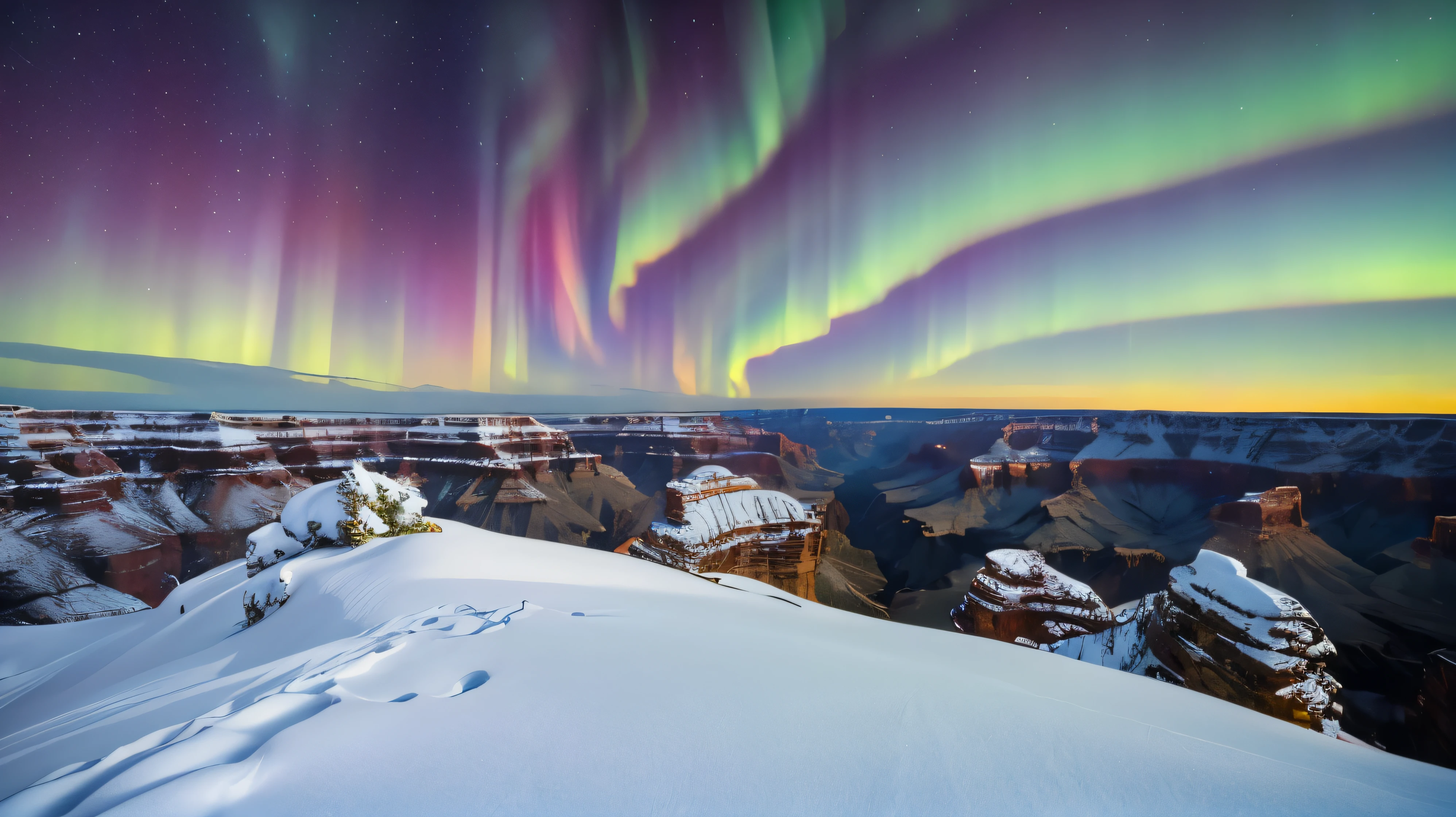 Masterpiece:1.4), (realistic, photorealistic:1.4), ultra hi-res 8k, Grand Canyon, Snow Scene, Aurora

