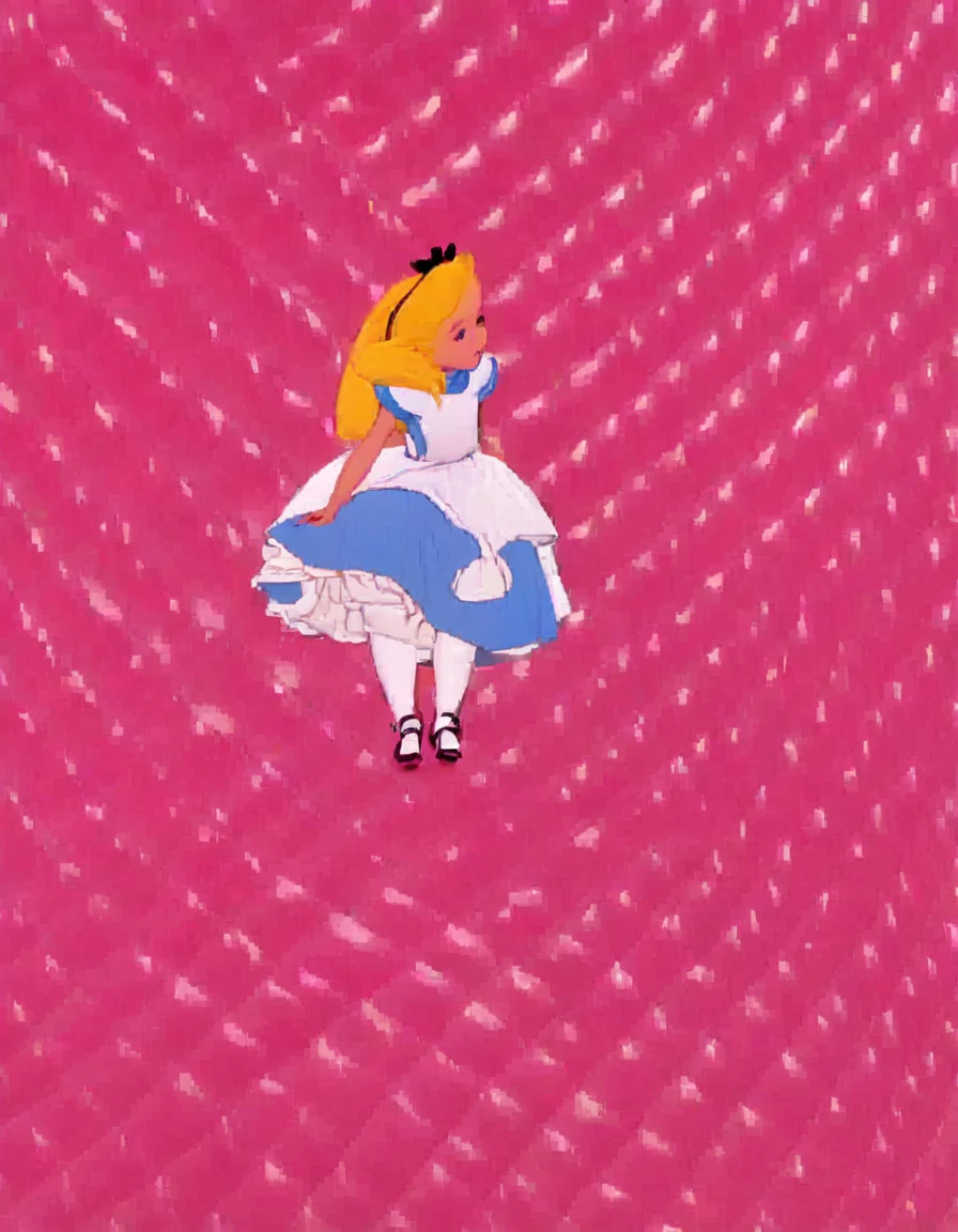 Brother,1 girl,alone,long hair,blue eyes,blonde hair,dress,holding a red giant ball,Alice (Alice in wonderland),Disney cartoon,masterpiece,best quality,(intricate details),highly detailed eyes,unique pose,dynamic pose,exaggerated angles and proportion