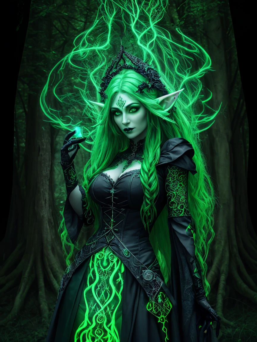 , photograph of a gothic elf, Caucasian skin, trunk, hair green, forst, Reality, Intricate UV_fluorescence, gradient, colorfully, Ablaze