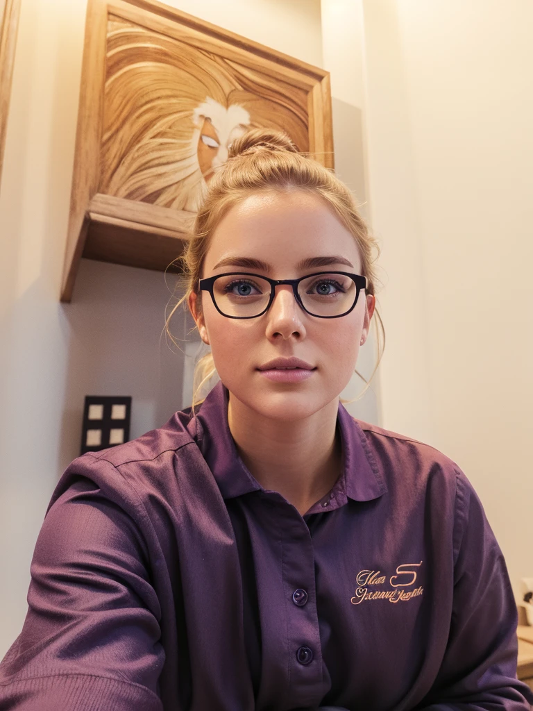 a beautiful 19 year old busty american woman,long light brown hair flowing on shoulders,glasses,pale white skin,purple shirt,waist-up selfie,detailed face,intricate facial features,macro detail,detailed eyes,detailed lips,beautiful detailed skin,high quality,photorealistic,8k,ultra-detailed,realistic,vivid colors,natural lighting,warm color tones,portrait