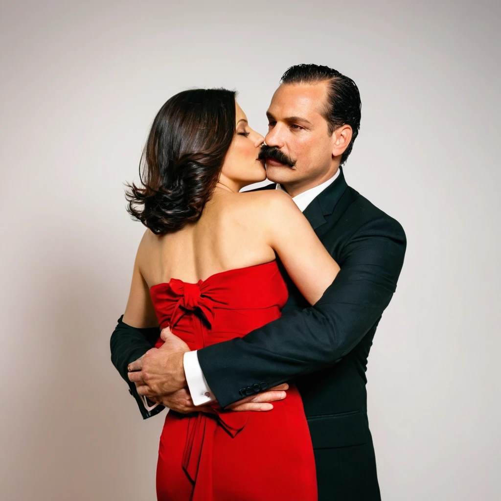 The man in his 45s with black very short hair and smooth face with moustache. The woman in her 45s with brown wacy long hair. The man is dressed in a black suit. The woman is wearing red strapless dress. The man is hugging the woman's waist. The woman is pulling the man's tie. They are looking at each other passionately. White background. Studio. Posing for magazine cover. HDR. UHD. Cinematic.