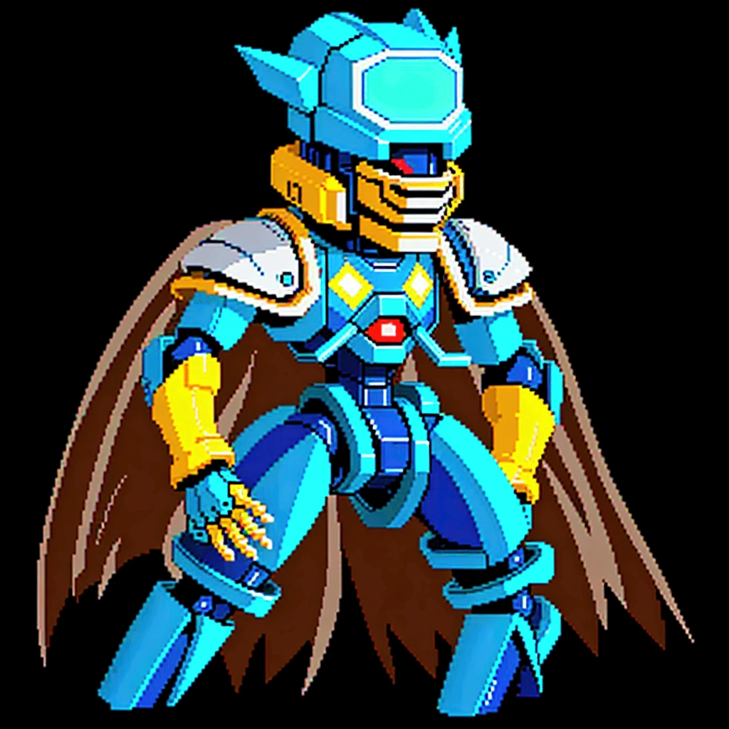 Medabot, gundam, A mecha robot. A robot, pixel image of a blue and yellow robot with a green helmet, crow in cyber armour, varguyart style, alien space knight, male robotic anthro orca, shovel knight as daft punk, clothed in cyber armour