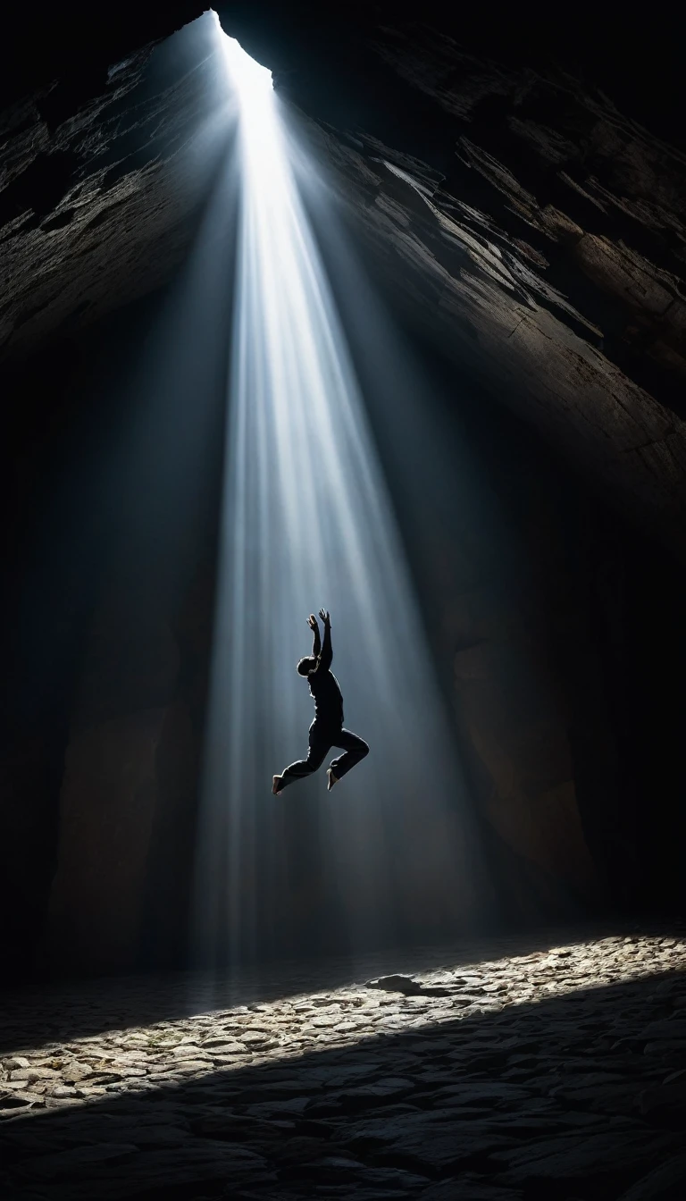 conceptual image featuring a lateral angle of a centered silhouetted man figure Suspended in mid-air in a fetal position falling down. In the background a dark room with rock walls. A beam of bright, white light shines down through the top, illuminating the center of the room. The overall atmosphere is mysterious and otherworldly, with a stark contrast between the dark surroundings and the intense light from above.
