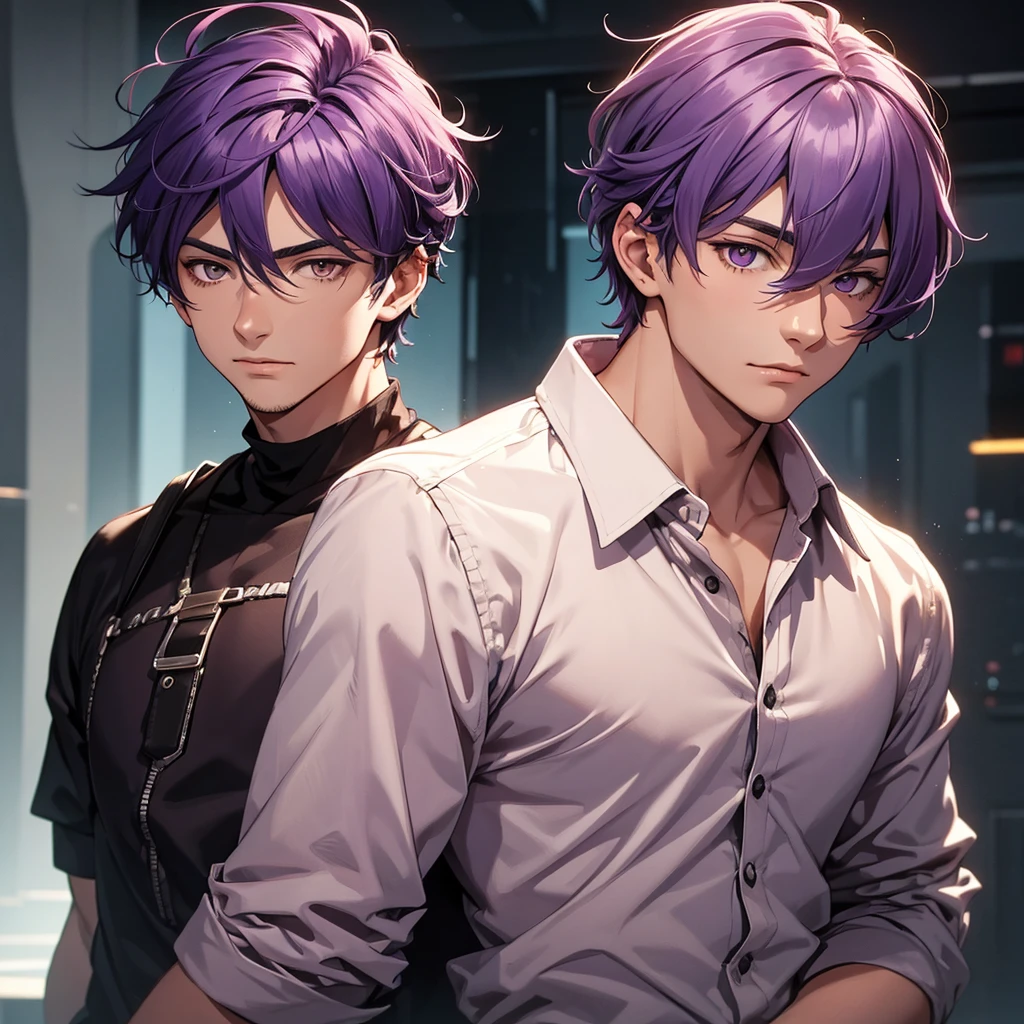 a 23 year old alone mature man with medium purple hair, orange eyes