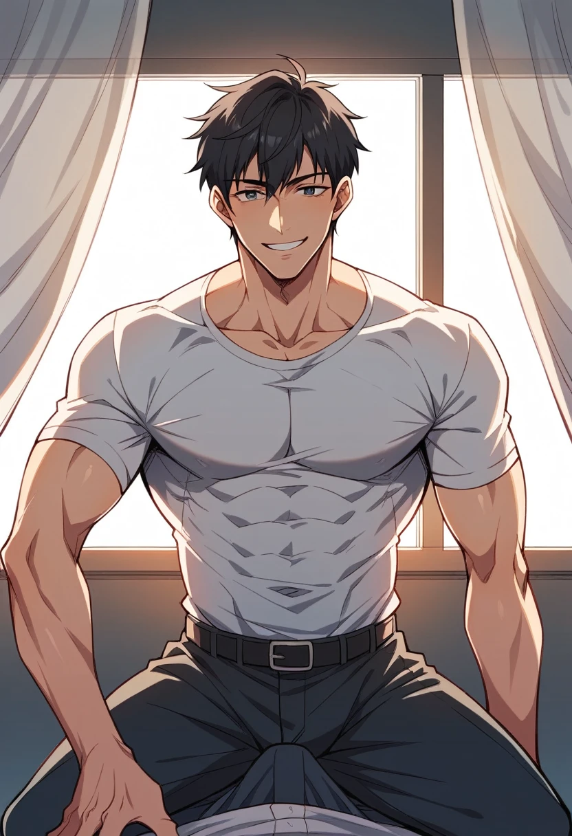 A male rides a 2 year old on his shoulder, The morning sun shining through the window, White Curtains, Short black hair, smile, High detail, Anime Style, Ray Tracing, Cinema Lighting, Chiaroscuro, Symmetric, First Person View, male (1.4), girl (1), smile (1.3), Short black hair (1.2), Highest quality, 8K.