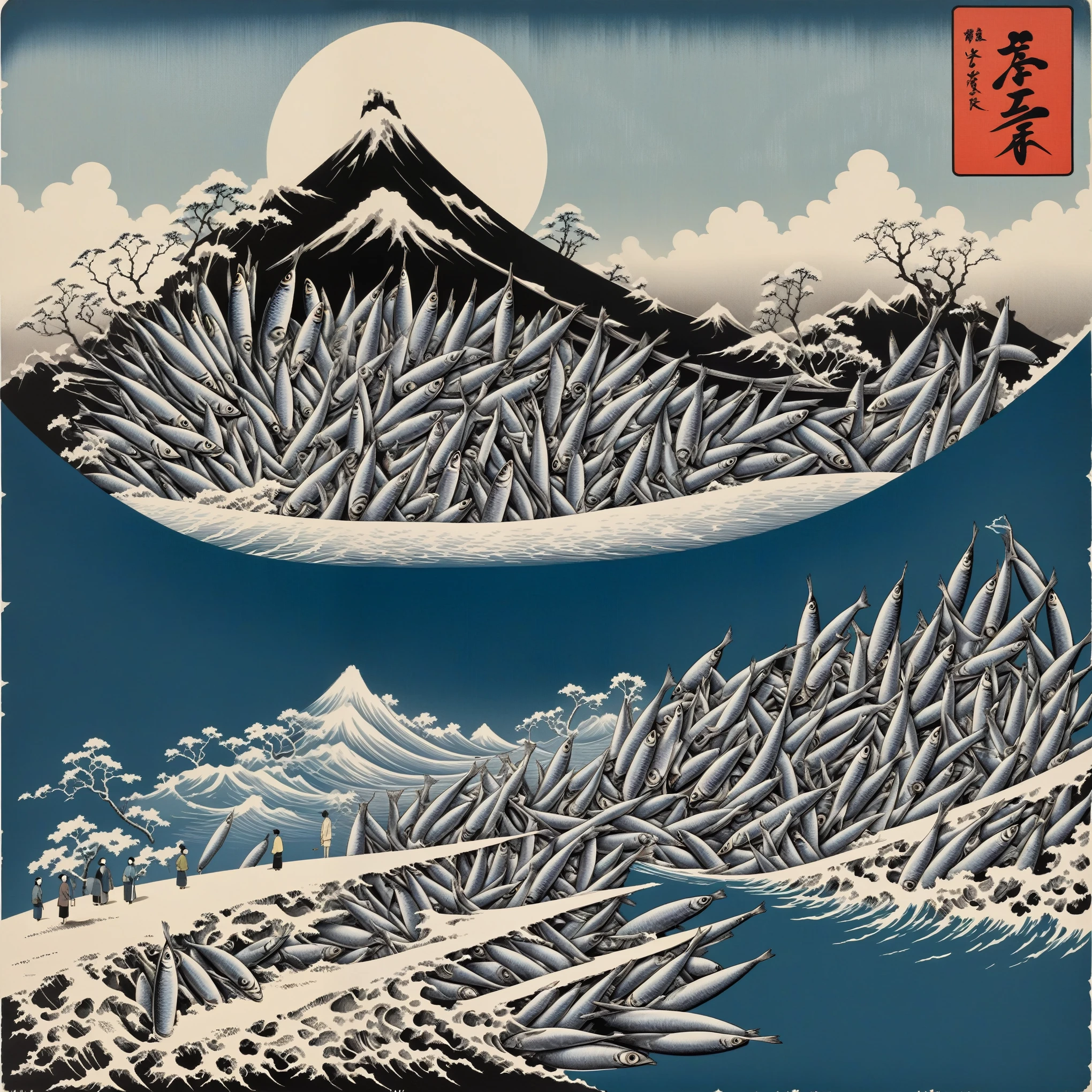Tinned sardines in traditionally flat pull can, Japanese retro landscape poster, Ikko Tanaka, negative space, abstract, ukiyo-e