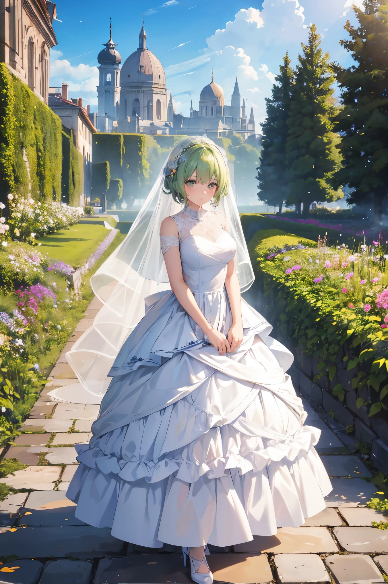 8K, Surreal, masterpiece, best quality, Very detailed, high resolution, Random Background, 1 girl, (:1.5),, Translucent Dress，whole body，High heel，whole body，Green Hair，Translucent Wedding Dress，garden