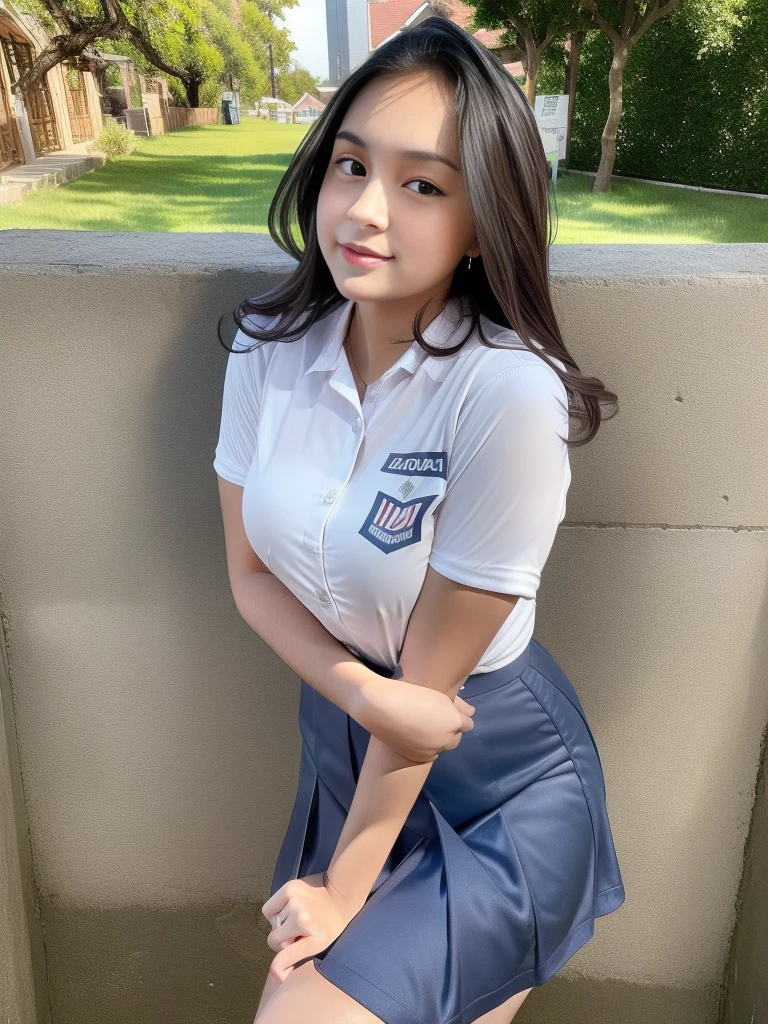 1girl, (uniform), standing, outdoors, curvy body, tall body, detailed face, detailed eyes, thick breasts, shiny skin, tight shirt, grey blue short skirt, looking at the audience, low angle shot, clear light,(8k, RAW photo, best quality, masterpiece: 1.2), (realistic, realistic: 1.37), ultra-high resolution