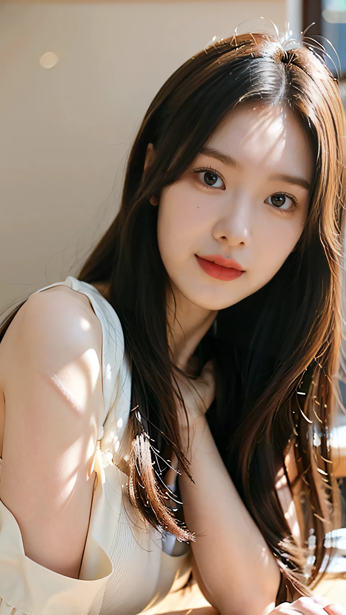 (8K、Raw photo、Highest quality、masterpiece:1.2)、(Realistic、Realistic:1.37)、Ultra-high resolution、One Girl、cute、alone, Browsing Caution,Highest quality,masterpiece,8K,Droopy eyes,Big Breasts,Beautiful breasts, Wearing a white dress, Inside the room, smile, Highly detailed face, Highly detailed lips, double eyelid, Exquisite detail and subtle sparkle, Photograph her in poses that reflect both grace and confidence, Enhance visual effects with cinema lighting. Use modern 2D designs for your backgrounds, Create beautifully, Balanced composition. Enhance the scene with elements such as depth of field, bloom effect, And a touch of sparkle, Adds a dreamy texture to the entire image. Pay close attention to detail