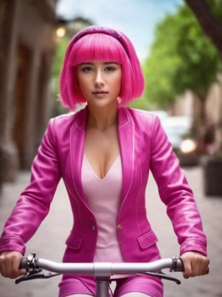 a girl riding a bicycle, stephanie a girl, with pink hair and a pink wig, raytracing,stunningly beautiful,professional lighting,hdr,flirting with camera,caucasian,24mm,3D,8k,highres,high resolution,ultra high res,art,cinematic look,magical atmosphere,beautiful face,beautiful detailed eyes,sharp focus bokeh,masterpiece,intricate details,Exquisite details and textures,fine details,toned physique,hyperdetailed,detailed skin,4k textures,ultradetailed,ultra-detailed, hyperdetailed,glow,photorealistic:1.37,f/2.8,lens 135mm,3D,physically-based rendering,3d render,8k,high resolution,ultra high res,cinematic look,magical atmosphere,augmentations,insane details,intricate details,Exquisite details and textures,cinematic film still,intricately detailed,finely detail,High Detail RAW color Photo,hdr,cinematic lighting,ambient lighting,professional lighting,Romantic lighting,soft cinematic light,specular lighting,best quality,highly detailed,radiosity,god rays,sunbeam,raytracing,realistic,4k textures, in bikini 