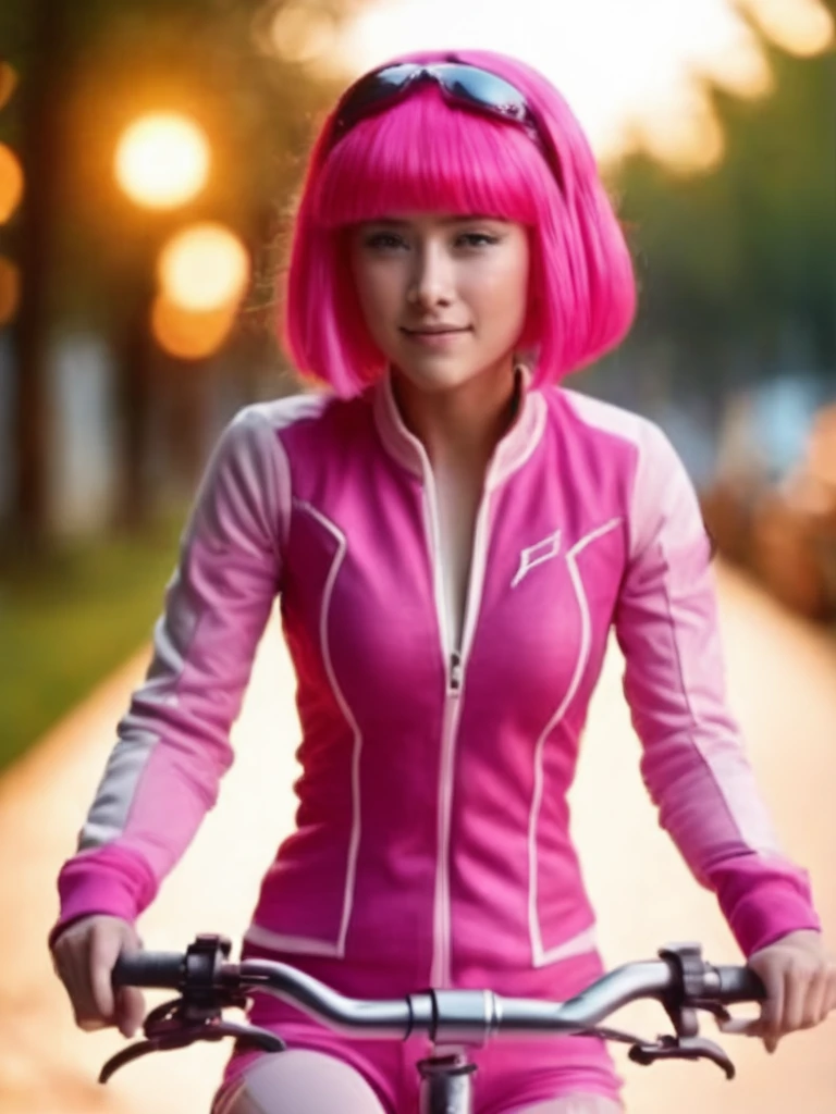 a girl riding a bicycle, stephanie a girl, with pink hair and a pink wig, raytracing,stunningly beautiful,professional lighting,hdr,flirting with camera,caucasian,24mm,3D,8k,highres,high resolution,ultra high res,art,cinematic look,magical atmosphere,beautiful face,beautiful detailed eyes,sharp focus bokeh,masterpiece,intricate details,Exquisite details and textures,fine details,toned physique,hyperdetailed,detailed skin,4k textures,ultradetailed,ultra-detailed, hyperdetailed,glow,photorealistic:1.37,f/2.8,lens 135mm,3D,physically-based rendering,3d render,8k,high resolution,ultra high res,cinematic look,magical atmosphere,augmentations,insane details,intricate details,Exquisite details and textures,cinematic film still,intricately detailed,finely detail,High Detail RAW color Photo,hdr,cinematic lighting,ambient lighting,professional lighting,Romantic lighting,soft cinematic light,specular lighting,best quality,highly detailed,radiosity,god rays,sunbeam,raytracing,realistic,4k textures, in bikini 