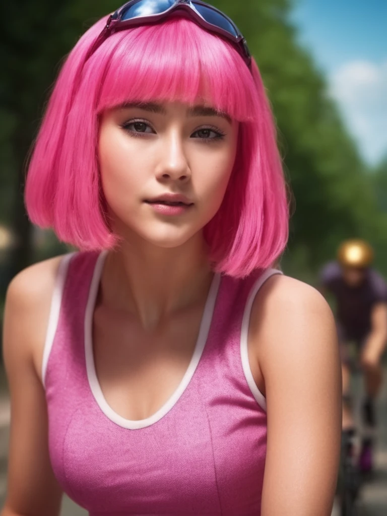 a girl riding a bicycle, stephanie a girl, with pink hair and a pink wig, raytracing,stunningly beautiful,professional lighting,hdr,flirting with camera,caucasian,24mm,3D,8k,highres,high resolution,ultra high res,art,cinematic look,magical atmosphere,beautiful face,beautiful detailed eyes,sharp focus bokeh,masterpiece,intricate details,Exquisite details and textures,fine details,toned physique,hyperdetailed,detailed skin,4k textures,ultradetailed,ultra-detailed, hyperdetailed,glow,photorealistic:1.37,f/2.8,lens 135mm,3D,physically-based rendering,3d render,8k,high resolution,ultra high res,cinematic look,magical atmosphere,augmentations,insane details,intricate details,Exquisite details and textures,cinematic film still,intricately detailed,finely detail,High Detail RAW color Photo,hdr,cinematic lighting,ambient lighting,professional lighting,Romantic lighting,soft cinematic light,specular lighting,best quality,highly detailed,radiosity,god rays,sunbeam,raytracing,realistic,4k textures, in bikini 