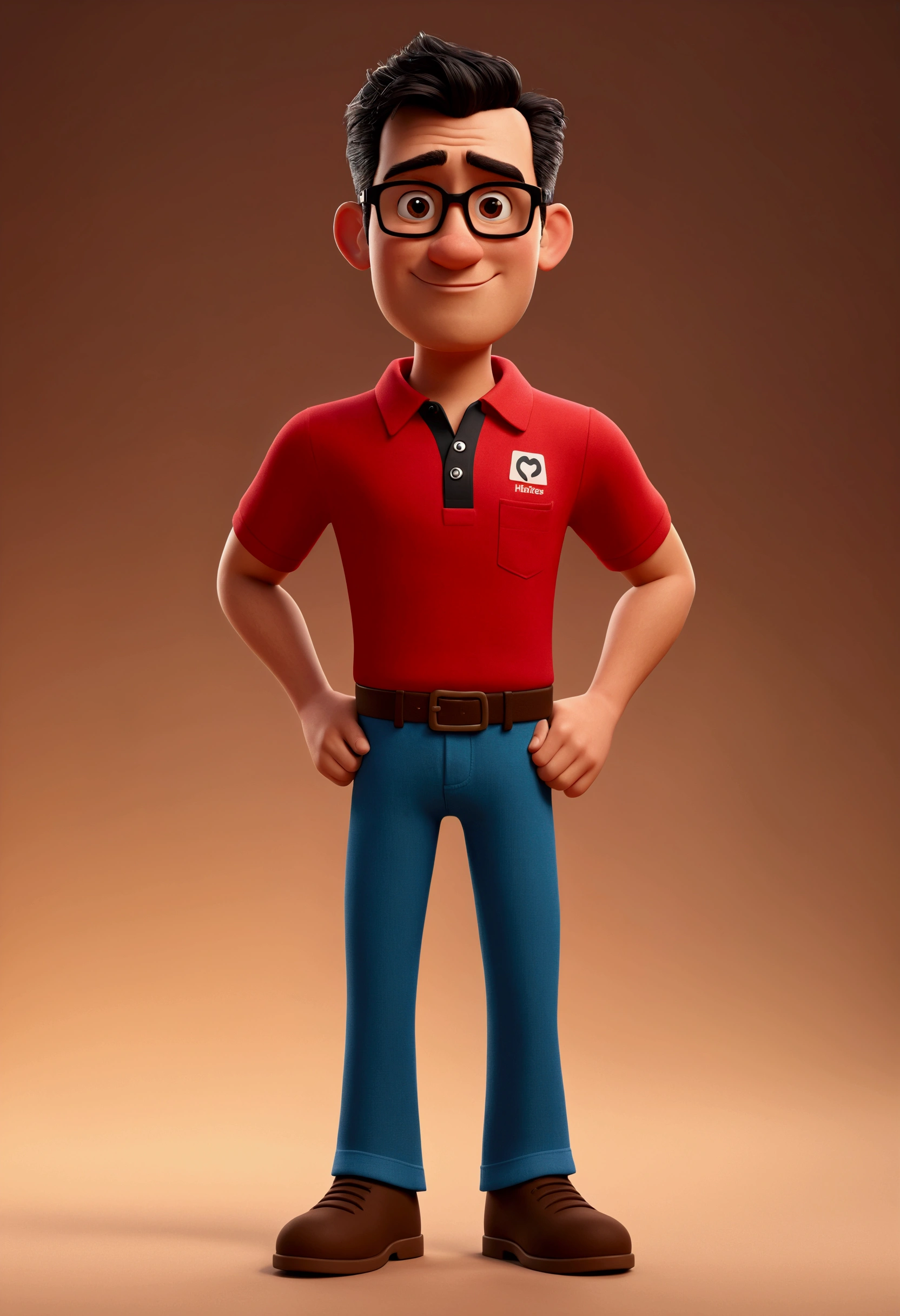 Cartoon character of a dark-haired man with short black glasses and a red polo shirt with sublimated letters "harris", straight hair, Factory worker character, stylized character, animation style rendering, 3D stylized, Arnold Maya rendering, Render 3D stylized, Toon render keyshot, 3D character, 3D character, Stylized 3D rendering, 3d character rendering, cartoon character, Full body character, Character pose, (Pixar Style) (master part:1.2) (bokeh) (Best Quality) (detailed skin) (Detailed texture) (8k) (clay) (cinematic lighting) (sharp focus)