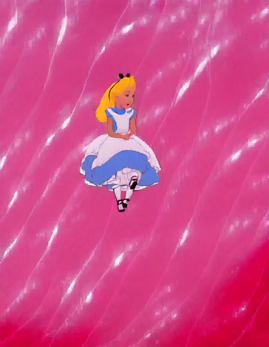 Brother,1 girl,Alone,long hair,blue eyes,blonde hair,dress,trapped in a red balloon, sky,Alice (Alice in wonderland),Disney cartoon,masterpiece,best quality,(intricate details),highly detailed eyes,unique pose,dynamic pose,exaggerated angles and proportions ,