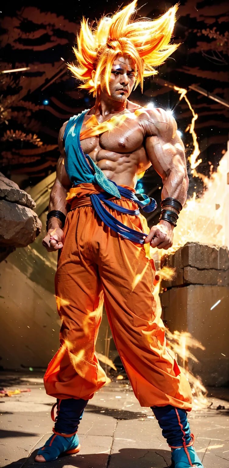 Goku, Adult man with long neon golden hair extremely muscular, defined muscles full of veins, dark orange colored clothing torn, blue bracelets on the wrists, serious face, neon green eyes, serious expression, muscle definition, large shoulders, rounded biceps, unreal engine 5.8k.