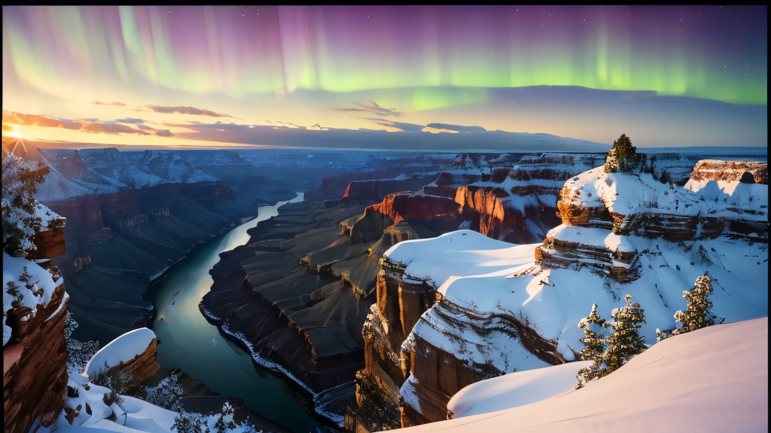 Masterpiece:1.4), (realistic, photorealistic:1.4), ultra hi-res 8k, Grand Canyon, Snow Scene, Aurora