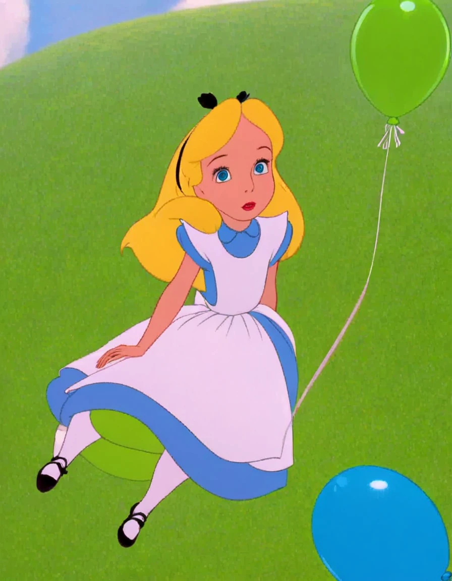 Brother,1 girl,Alone,long hair,blue eyes,blonde hair,dress,trapped in a green balloon, sky,Alice (Alice in wonderland),Disney cartoon,masterpiece,best quality,(intricate details),highly detailed eyes,unique pose,dynamic pose,exaggerated angles and proportions ,