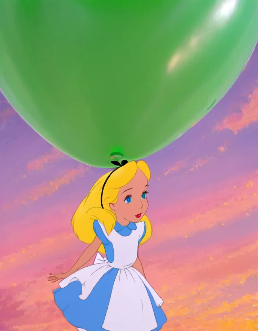 Brother,1 girl,Alone,long hair,blue eyes,blonde hair,dress,trapped in a green balloon, sky,Alice (Alice in wonderland),Disney cartoon,masterpiece,best quality,(intricate details),highly detailed eyes,unique pose,dynamic pose,exaggerated angles and proportions ,