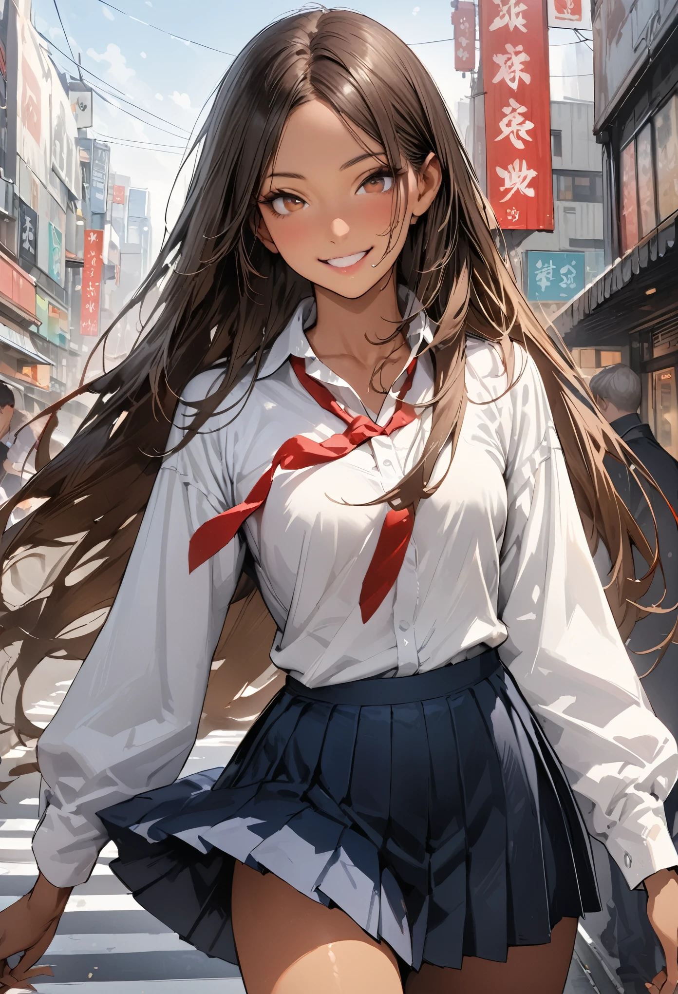 ((masterpiece,Highest quality:1.3,best quality illustration,realistic:1.4)),cowboy shot,独奏,1woman,(20-year-old、Japanese Beauty)、brown hair,long hair,(center parted bangs),brown eyes,gorgeous eyes,((very small head:1.3)),smile,,((very long body:1.2,skinny)),medium breasts,(tan skin:1.5),(School student uniform、Red ribbon tie、White collared shirt、Long sleeve navy blue pleated mini skirt),gleaming skin,toned body,slender body,on street,Shibuya Station、