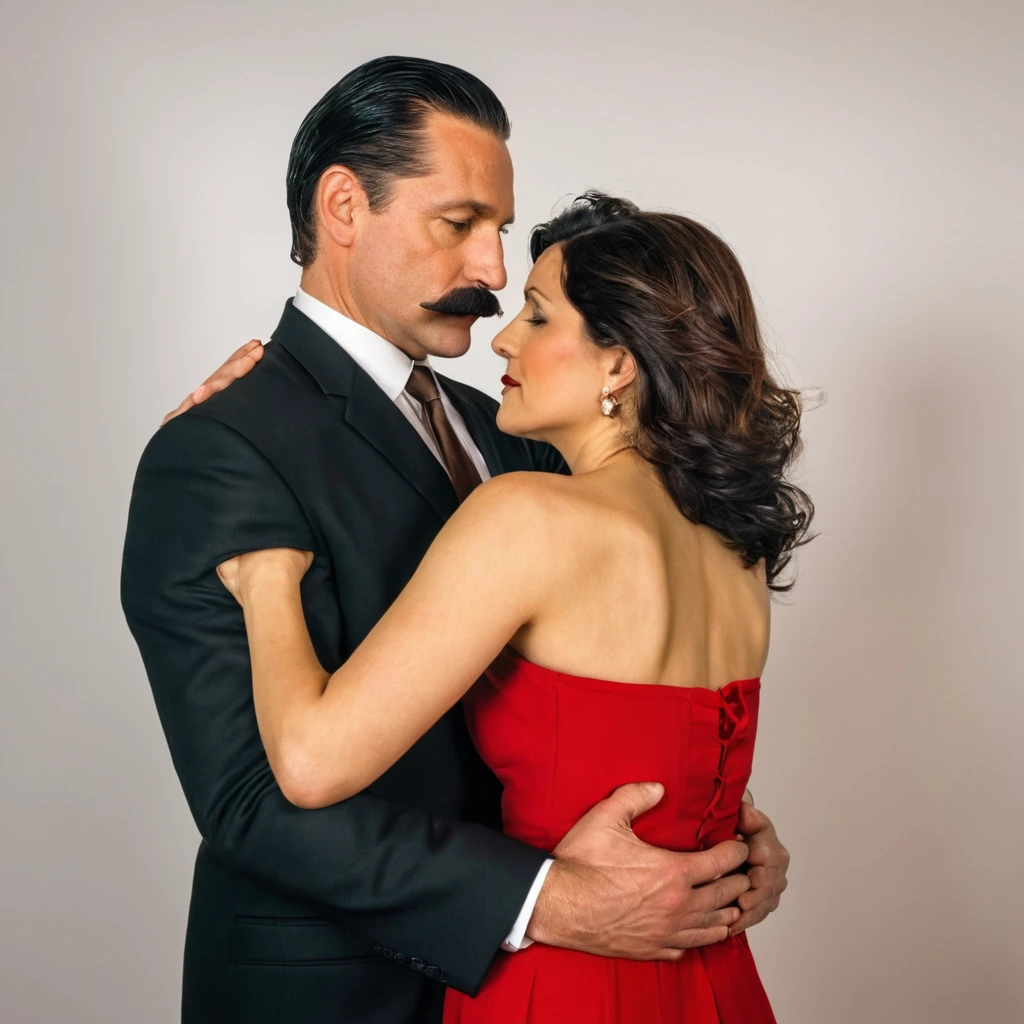 The man in his 45s with black very short hair and smooth face with moustache. The woman in her 45s with brown wacy long hair. The man is dressed in a black suit. The woman is wearing red strapless dress. The man is hugging the woman's waist. The woman is pulling the man's tie. They are looking at each other passionately. White background. Studio. Posing for magazine cover. HDR. UHD. Cinematic.