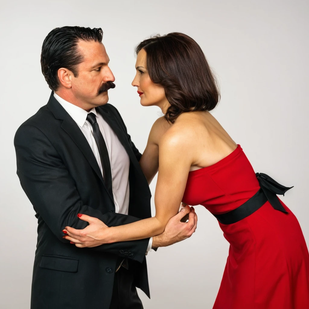 The man in his 45s with black very short hair and smooth face with moustache. The woman in her 45s with brown wacy long hair. The man is dressed in a black suit. The woman is wearing red strapless dress. The man is hugging the woman's waist. The woman is pulling the man's tie. They are looking at each other passionately. White background. Studio. Posing for magazine cover. HDR. UHD. Cinematic.