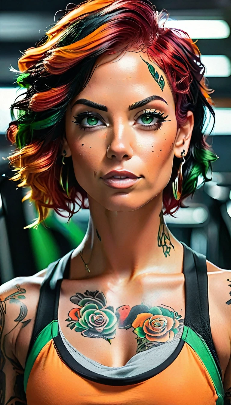 a fit woman with black and orange hair and red and green like orange eyes shining in the gym with tattoos