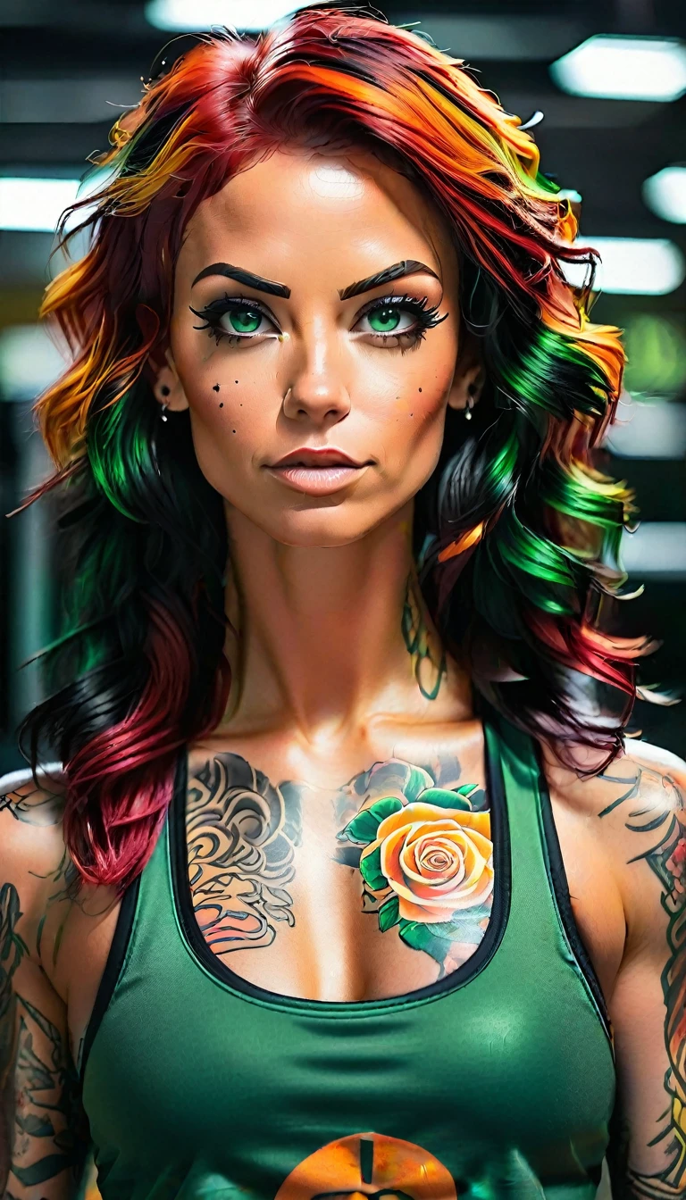 a fit woman with black and orange hair and red and green like orange eyes shining in the gym with tattoos