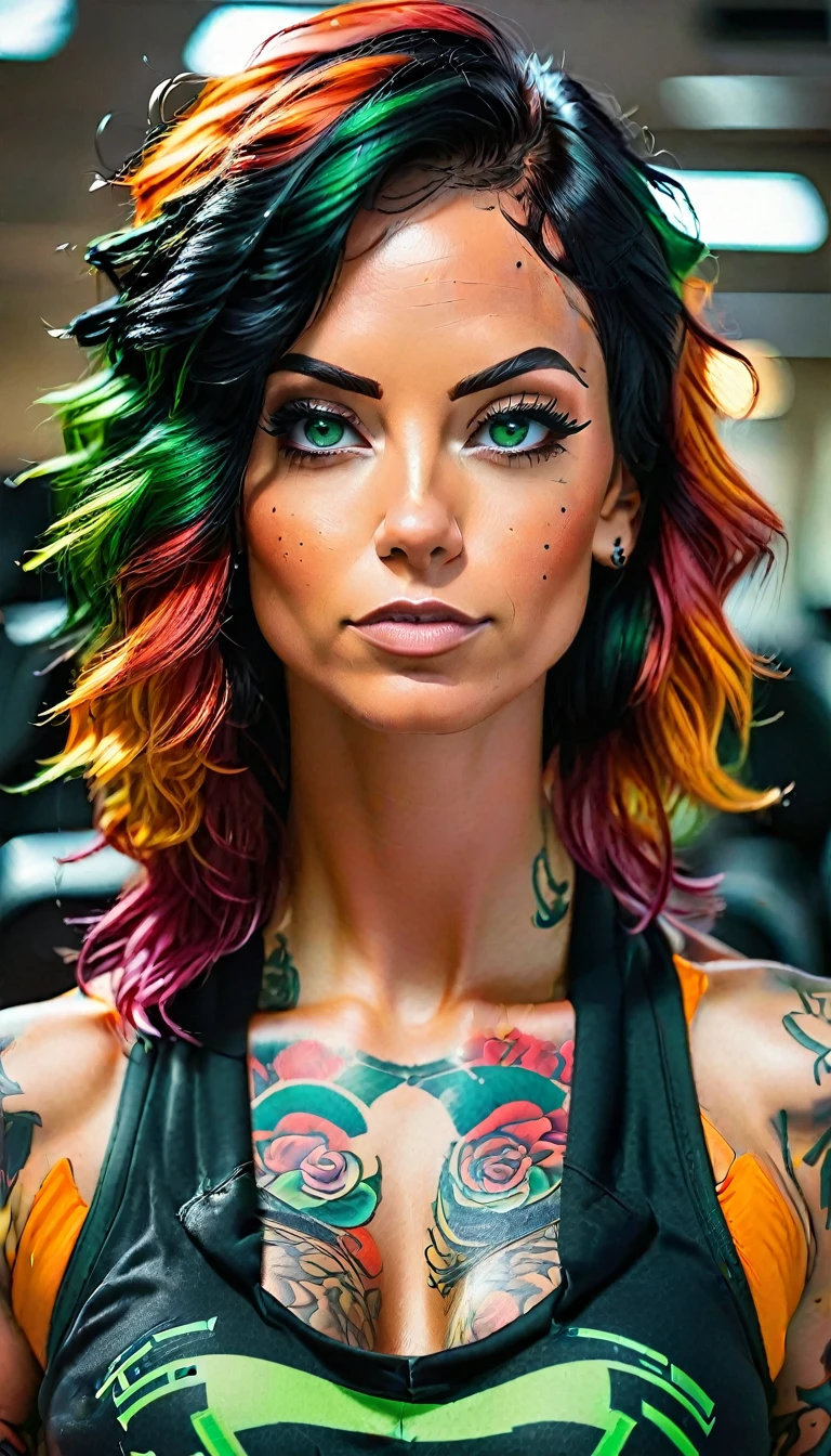 a fit woman with black and orange hair and red and green like orange eyes shining in the gym with tattoos