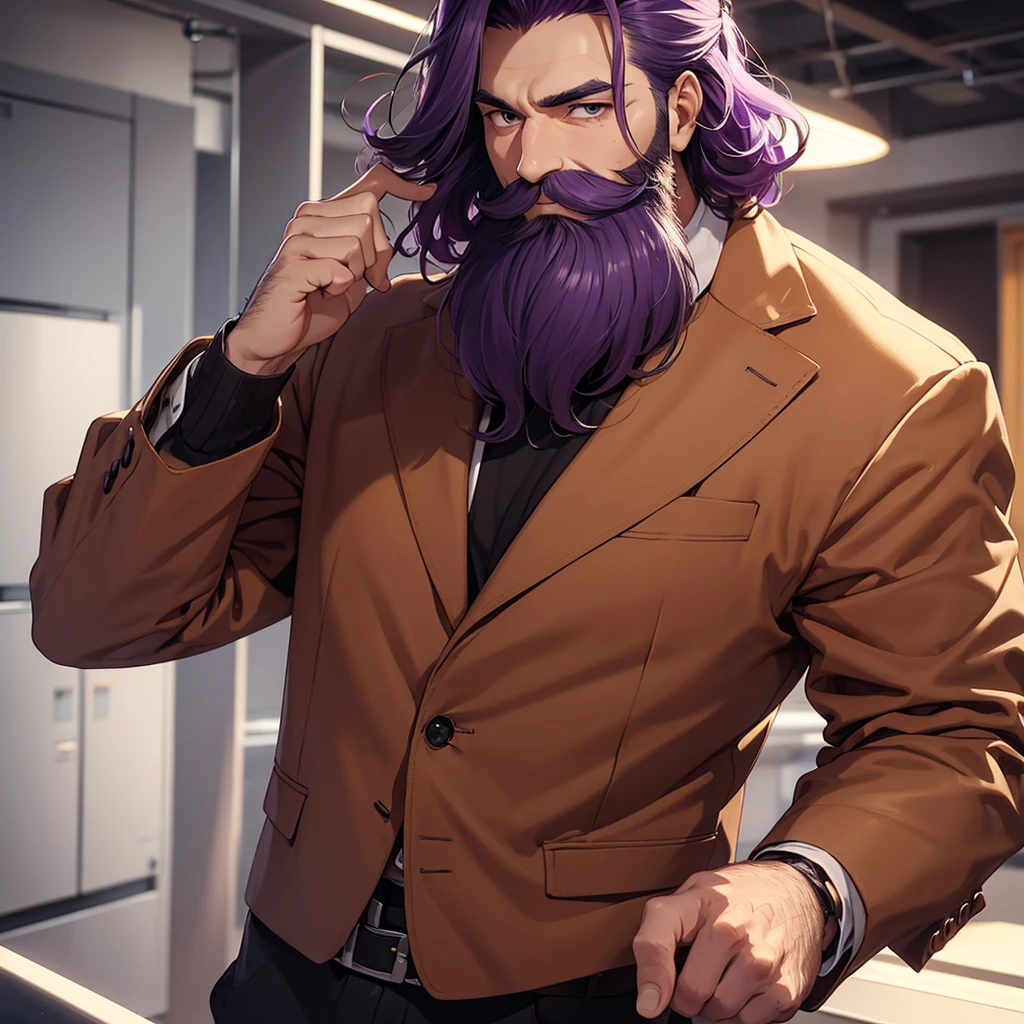 a mature man with a beard, 23 years old with medium purple hair, orange eyes