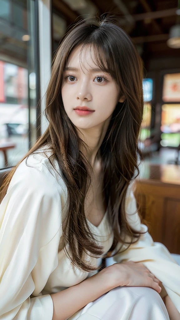 (8K、Raw photo、Highest quality、masterpiece:1.2)、(Realistic、Realistic:1.37)、Ultra-high resolution、One Girl、cute、alone, Browsing Caution，Highest quality，masterpiece，8K，Droopy eyes，Big Breasts，Beautiful breasts, Wearing a white dress, Inside the room, smile, Highly detailed face, Highly detailed lips, double eyelid, Exquisite detail and subtle sparkle, Photograph her in poses that reflect both grace and confidence, Enhance visual effects with cinema lighting. Use modern 2D designs for your backgrounds, Create beautifully, Balanced composition. Enhance the scene with elements such as depth of field, bloom effect, And a touch of sparkle, Adds a dreamy texture to the entire image. Pay close attention to detail