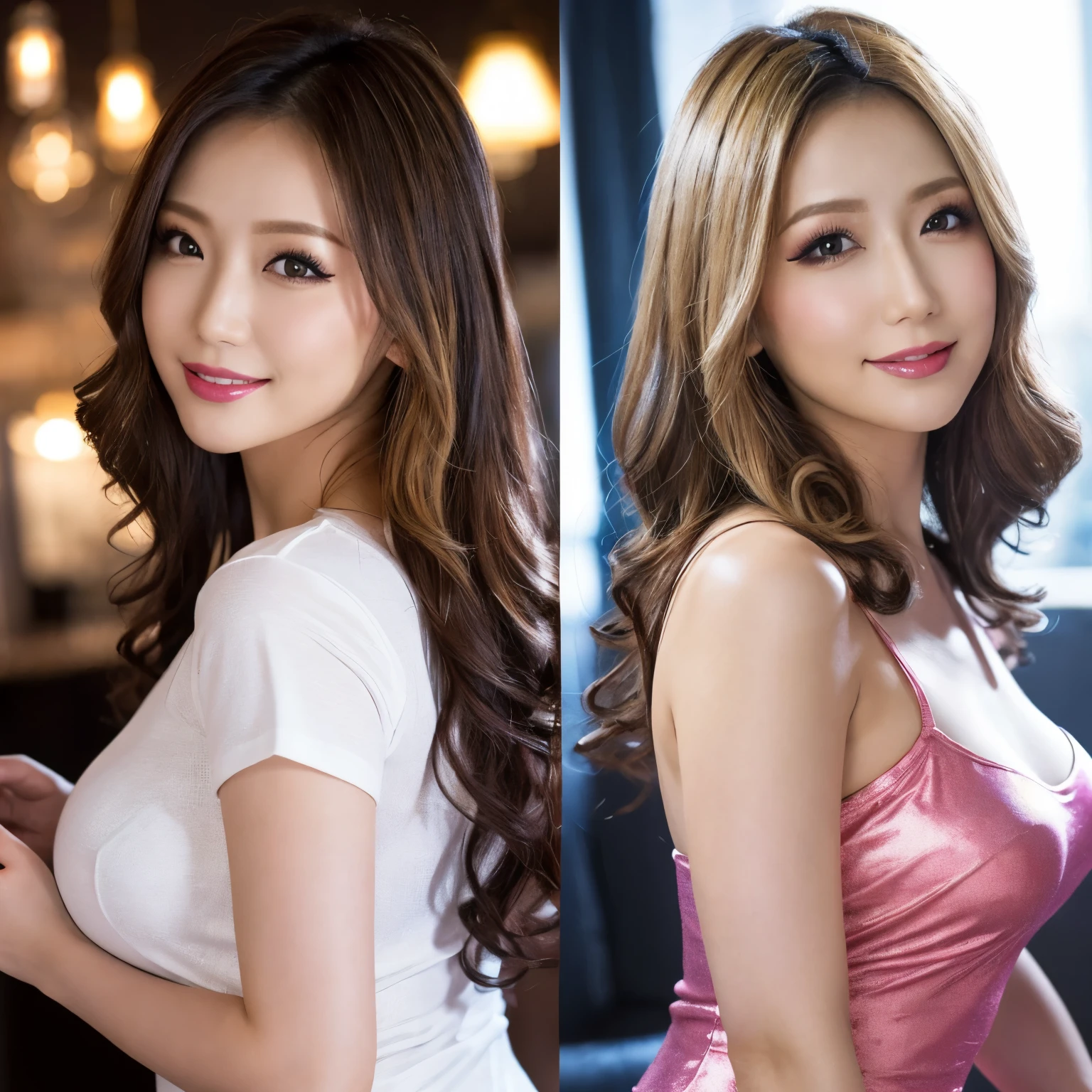 (Cowboy Shot、Highest quality、8K、Award-winning works、Ultra-high resolution)、One beautiful woman、(Gorgeous blonde curly hair:1.4)、Perfect Makeup、Bright and shiny lipstick、(Very heavy makeup:1.2)、(Deep pink around the eyes:1.1)、Beautiful bright eyeshadow、Heavy makeup around the eyes、(Huge breasts:1.2)、(Romantic affection:1.1)、The best smile when he sees me BREAK (multiple views, split view:1.2), (Gold evening dress, White T-shirt:1.1),(Many of them emphasize the body line..:1.1)、(Strongly blurred cabaret club interior background:1.1)、(Strongly blurred background:1.1)、Accurate anatomy、Ultra HD Hair、(Ultra-high resolutionの完璧な美しい歯:1.1)、Ultra-high definition beauty face、Ultra HD Hair、Ultra HD Shining Eyes、輝くUltra-high resolutionの美肌、Ultra-high resolutionの艶やかな唇