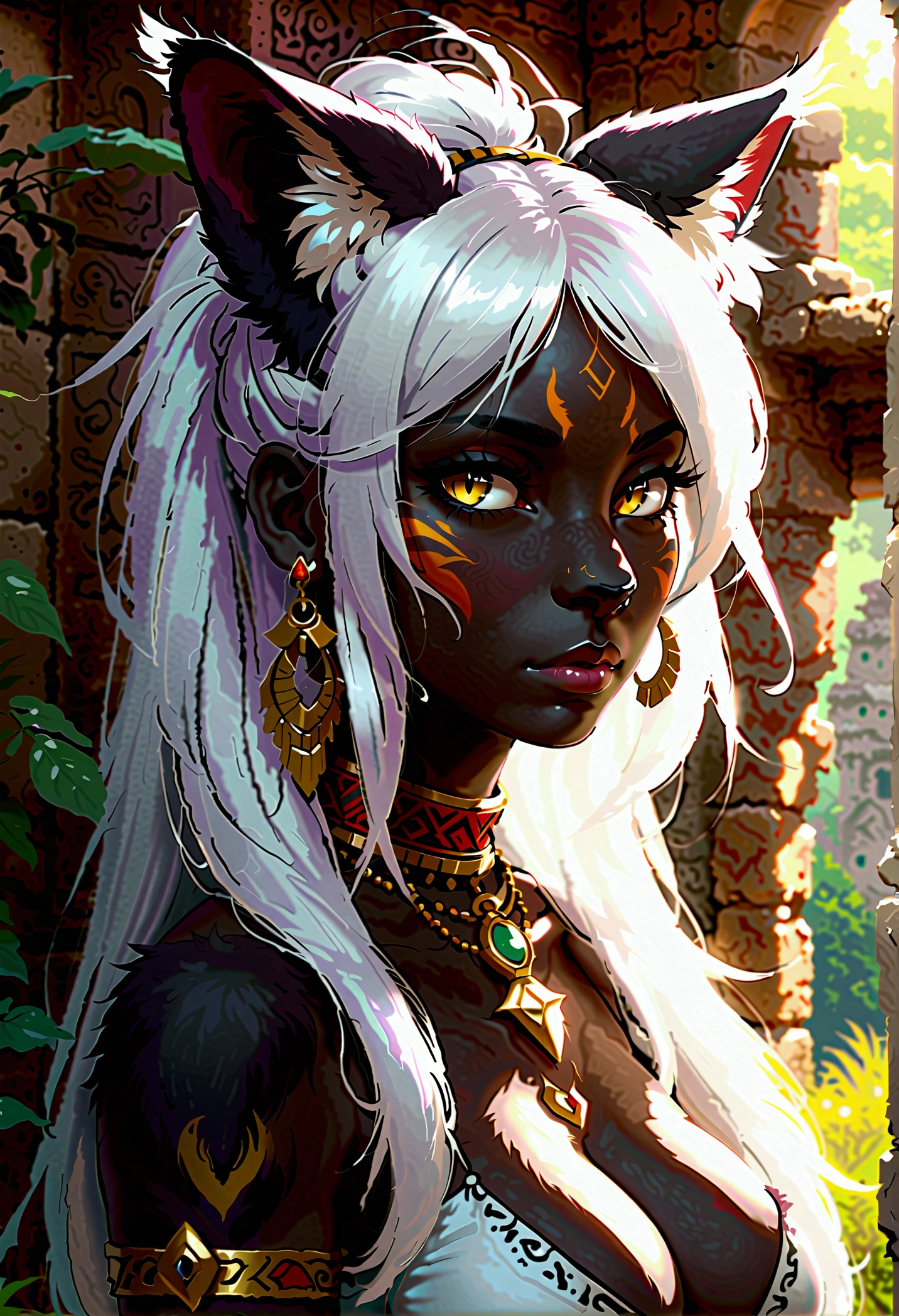 ((Best Quality, Masterpiece, perfect anatomy, detailed picture)), furry, 1 woman, pantera, two tone skin, black body, gray fur, sexy, long white hair, ponytail hair, fluffy feline tail, yellow sclera, tribal tattoo, earrings, red blush, shy, in the ruins, portrait, illustration, gold necklace add_detail:1 ,gold bracelet add_detail:1, navel piercing, Its silhouette has double exposure and you can observe the universe.._detail:1