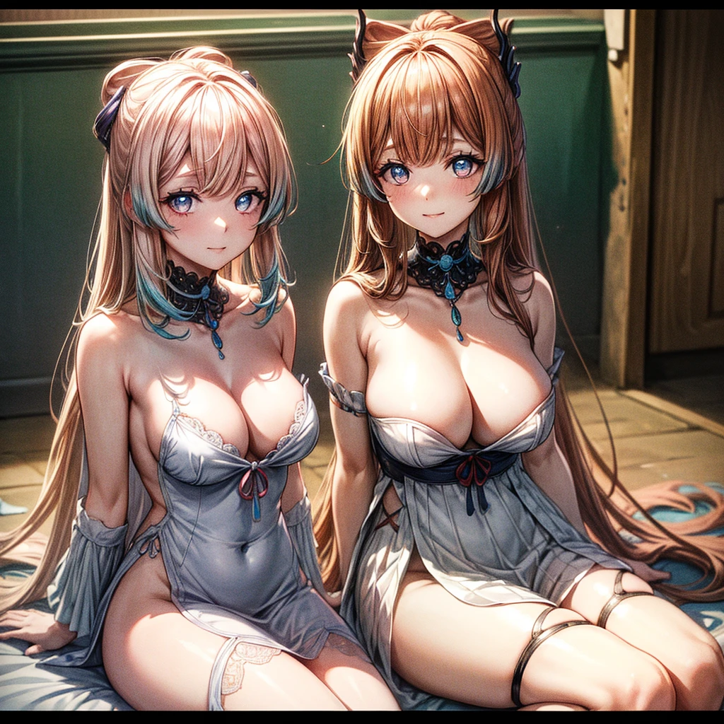 (msterpiece:1.3), (8k, RAW photo, best quality: 1.4), beautiful face, beautiful hairstyle, beautiful detailed eyes, beautiful skin, absurdres, attractive, ultra high res, highly detailed,NSFW, 3 girls in abandoned underground basement, big breast,facial close up,necklace,arms behind back,evil smile,knife,light long hair, ultra detailed skin,Heavy makeup, flower hairpin, naked,colorful patterned lace dress, dirty ground,bondage,half body,sitting on bed