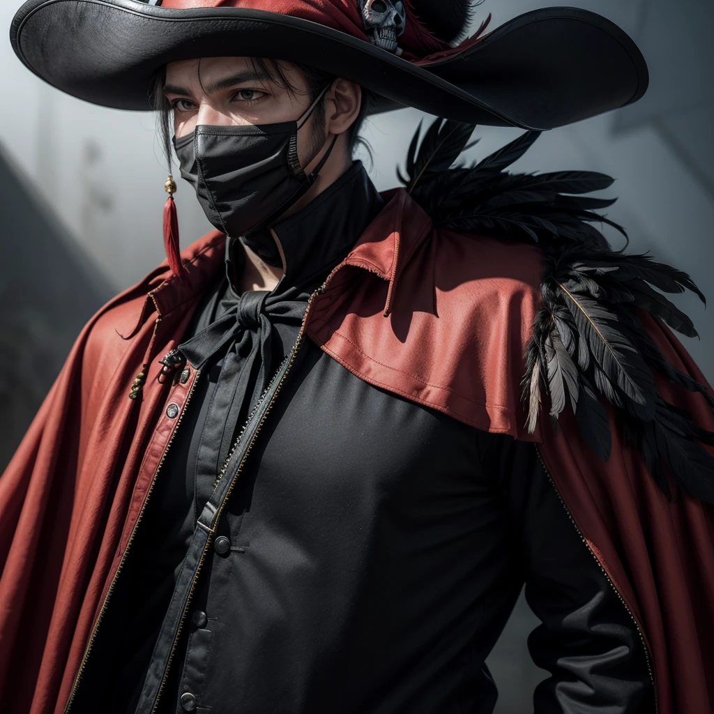 A man in a predominantly black pirate outfit with a high-collared jacket with pistols on the open part of the jacket and a red shirt, a carved skull on the left part on top of the jacket, a large round hat with parrot feathers, a cape and a mask like ninja in the part covering the neck to the nose 