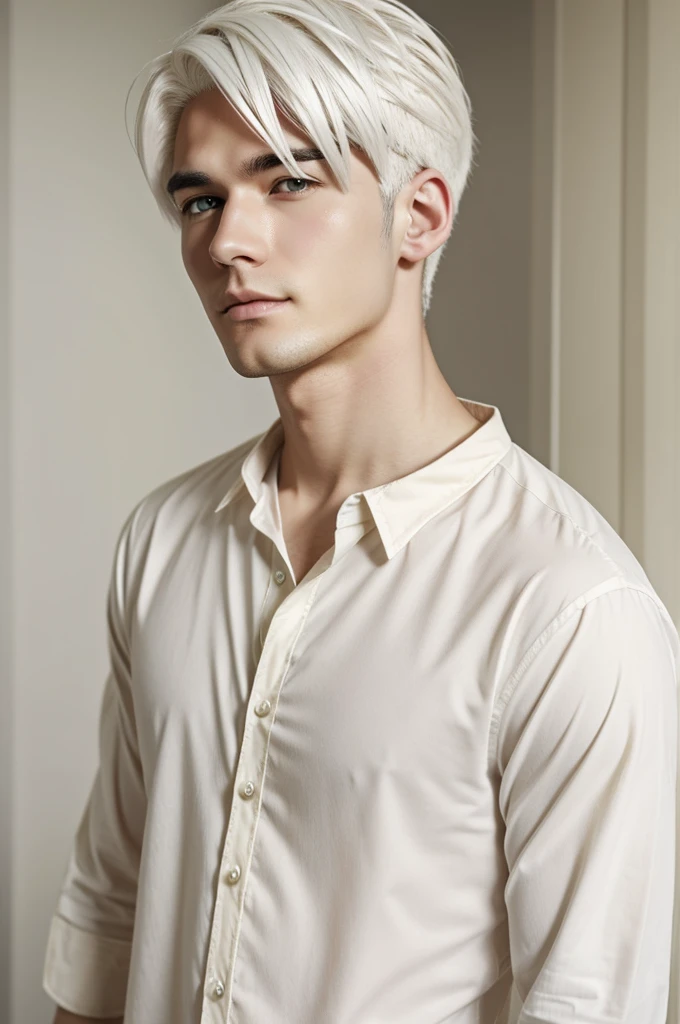 Anime cartoon male with white hair, wearing a cream-colored shirt, has white skin.