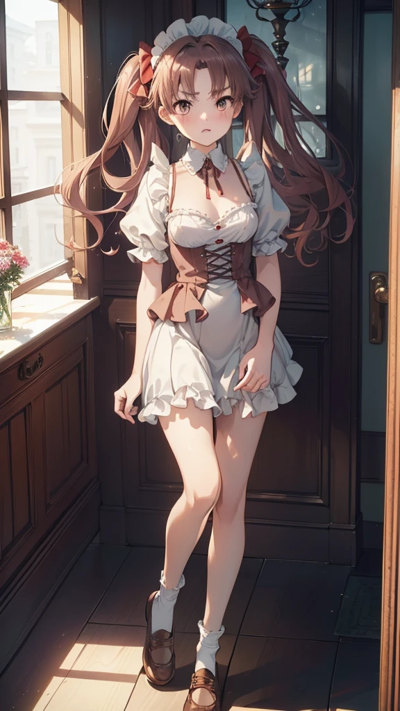 (highest quality, 8K, masterpiece, best image quality,  ultra hd, delicate and smooth skin, real looking skin, perfect and beautiful face ,perfect and cute face, high detail skin, perfect limbs、thin waist、thin legs)、NSFW、grumpy face、twin tails、brown hair、red ribbon、(Maid clothes)、locker room、