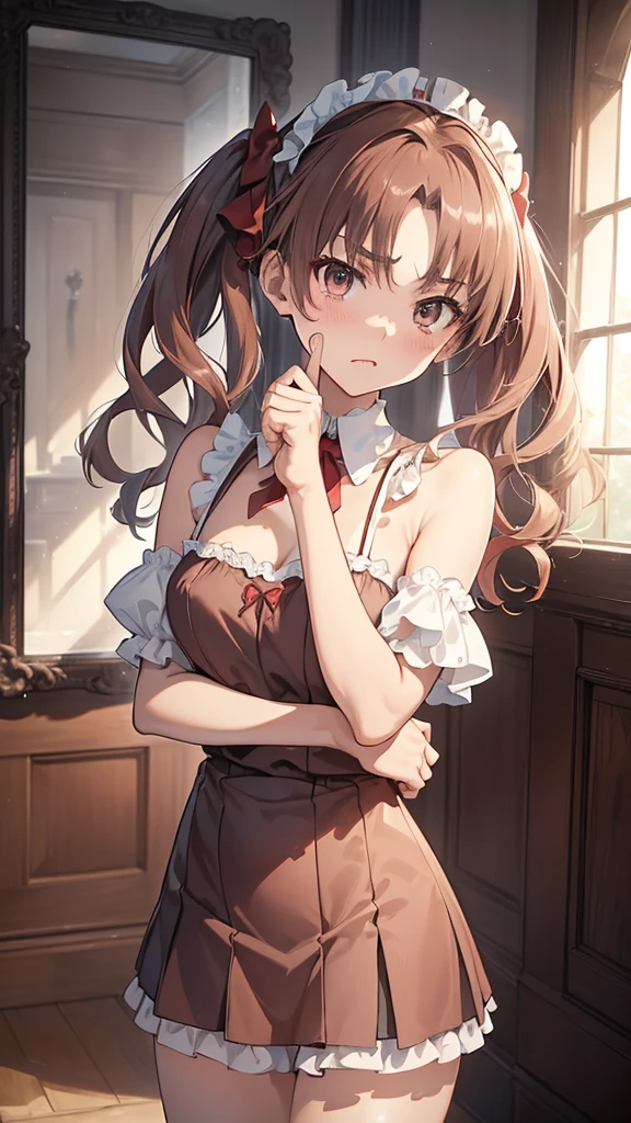 (highest quality, 8K, masterpiece, best image quality,  ultra hd, delicate and smooth skin, real looking skin, perfect and beautiful face ,perfect and cute face, high detail skin, perfect limbs、thin waist、thin legs)、NSFW、grumpy face、twin tails、brown hair、red ribbon、(Maid clothes)、locker room、