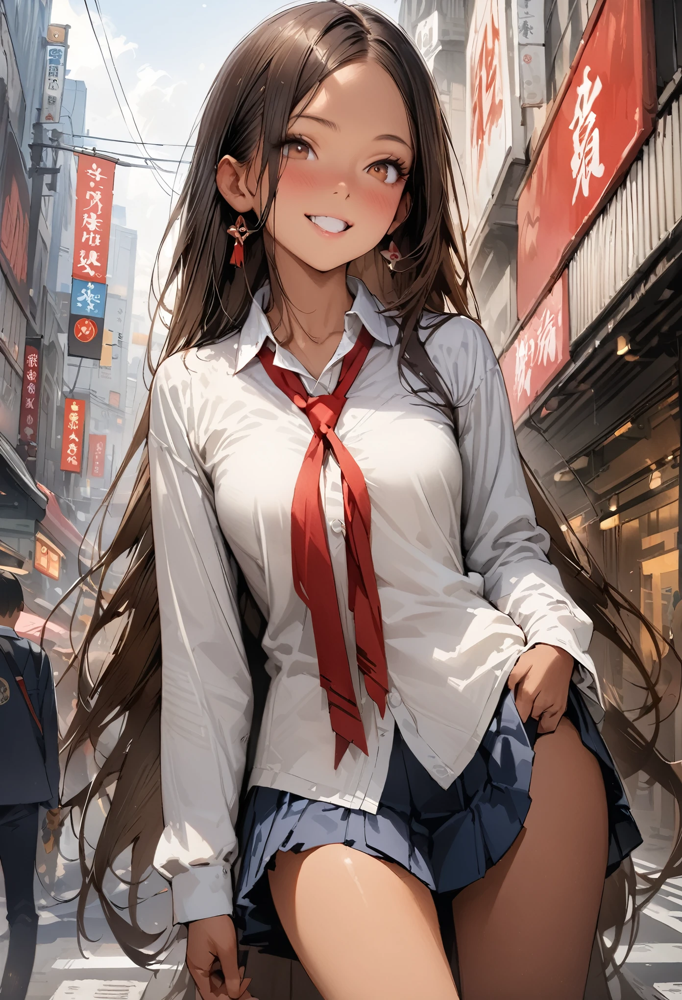 ((masterpiece,Highest quality:1.3,best quality illustration,realistic:1.4)),cowboy shot,独奏,1woman,(20-year-old、Japanese Beauty)、brown hair,long hair,(center parted bangs),brown eyes,gorgeous eyes,((very small head:1.3)),smile,,((very long body:1.2,skinny)),medium breasts,(tan skin:1.3),(School student uniform、Red ribbon tie、White collared shirt、Long sleeve navy blue pleated mini skirt),gleaming skin,toned body,slender body,on street,Shibuya Station、