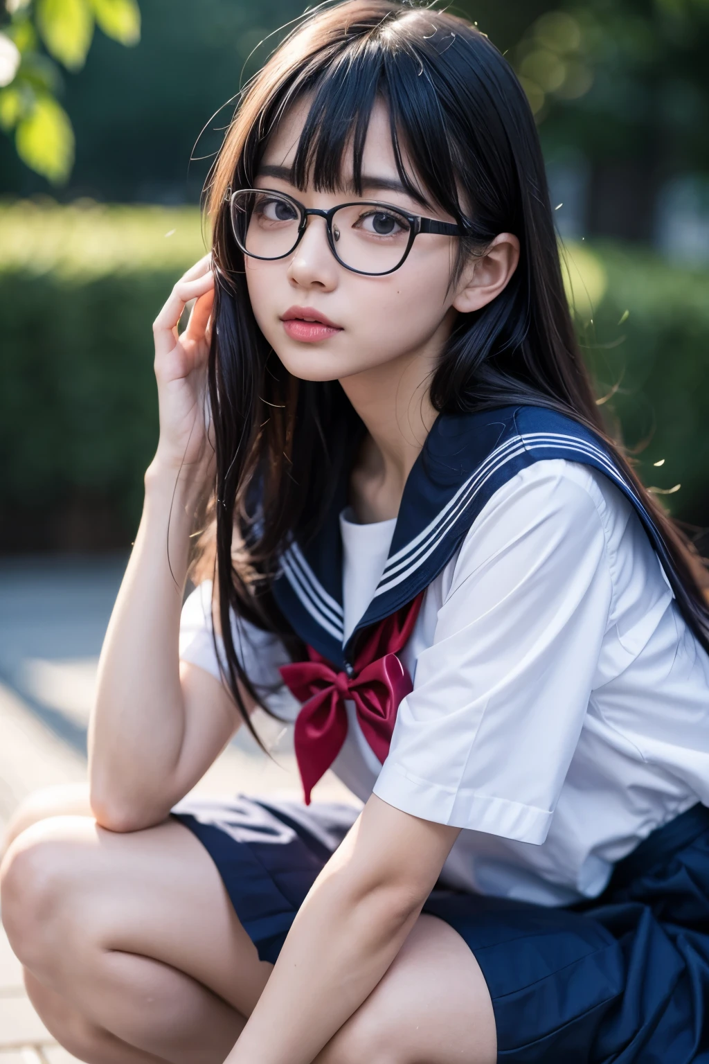 a kneeling japanese school girl with long black hair wearing a sailor uniform and glasses, cute girl , lovely look, detailed face and eyes, (best quality,4k,8k,highres,masterpiece:1.2),ultra-detailed,(realistic,photorealistic,photo-realistic:1.37),beautiful detailed eyes,beautiful detailed lips,extremely detailed eyes and face,longeyelashes,intricate,delicate,elegant,soft lighting,warm color tones,cinematic lighting,natural lighting,atmospheric